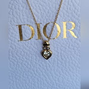CHRISTIAN DIOR Necklace CD Logo Heart Motif GP Plated Rhinestone Gold